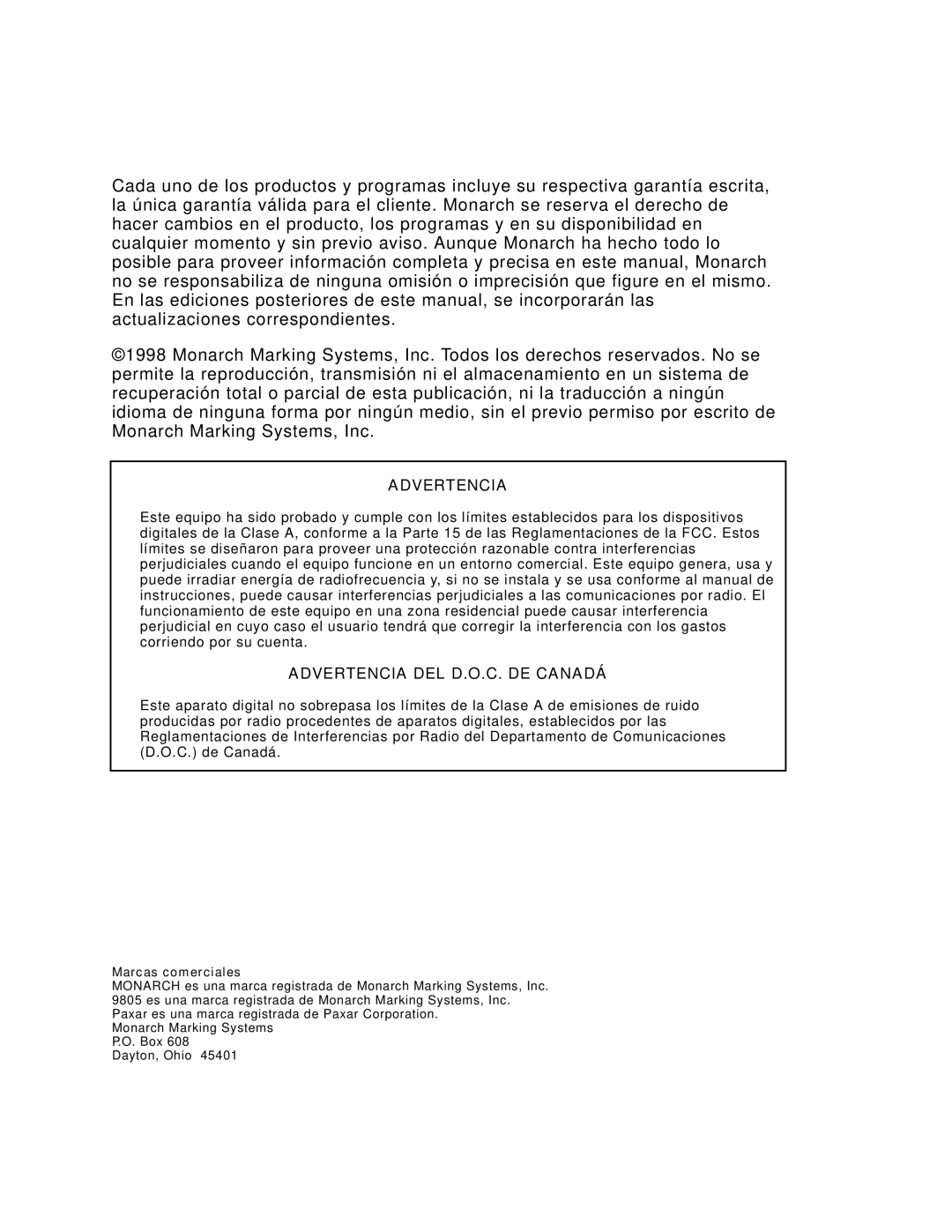 Paxar 9805 manual Advertencia 