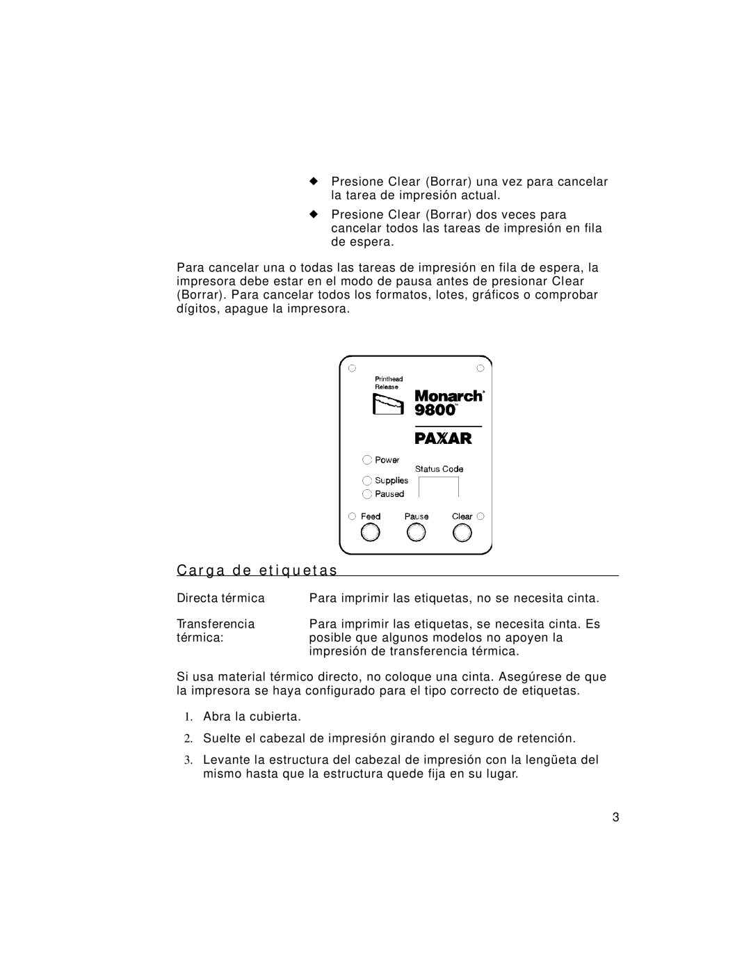 Paxar 9805 manual R g a d e e t i q u e t a s, Directa térmica, Transferencia, Térmica 