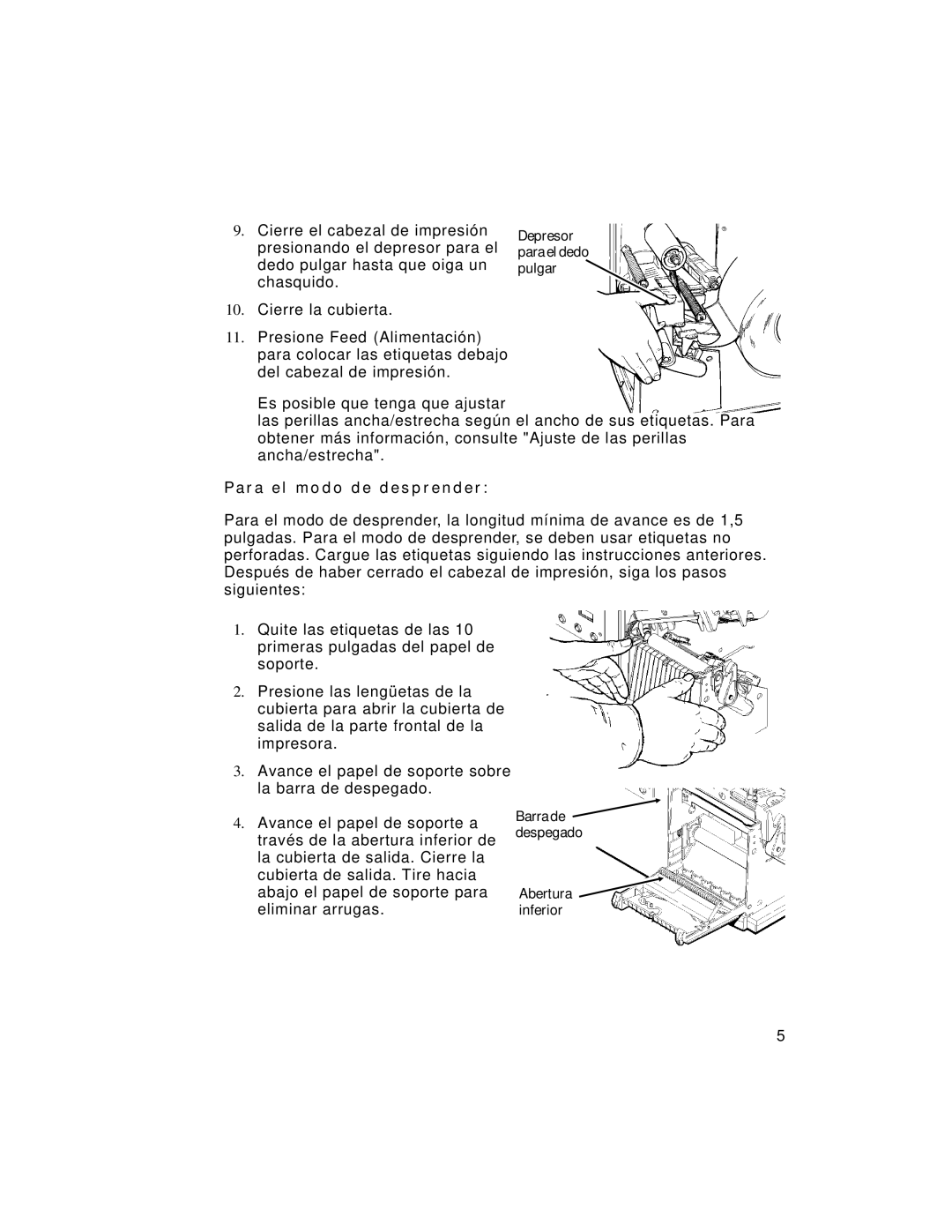 Paxar 9805 manual R a e l m o d o d e d e s p r e n d e r, Depresor Para el dedo Pulgar, Abertura inferior 