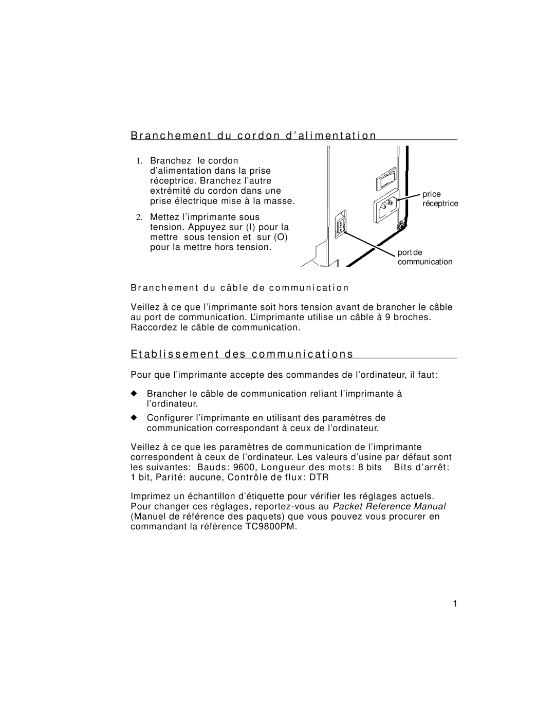 Paxar 9805 manual A b l i s s e m e n t d e s c o m m u n i c a t i o n s, Port de Communication 