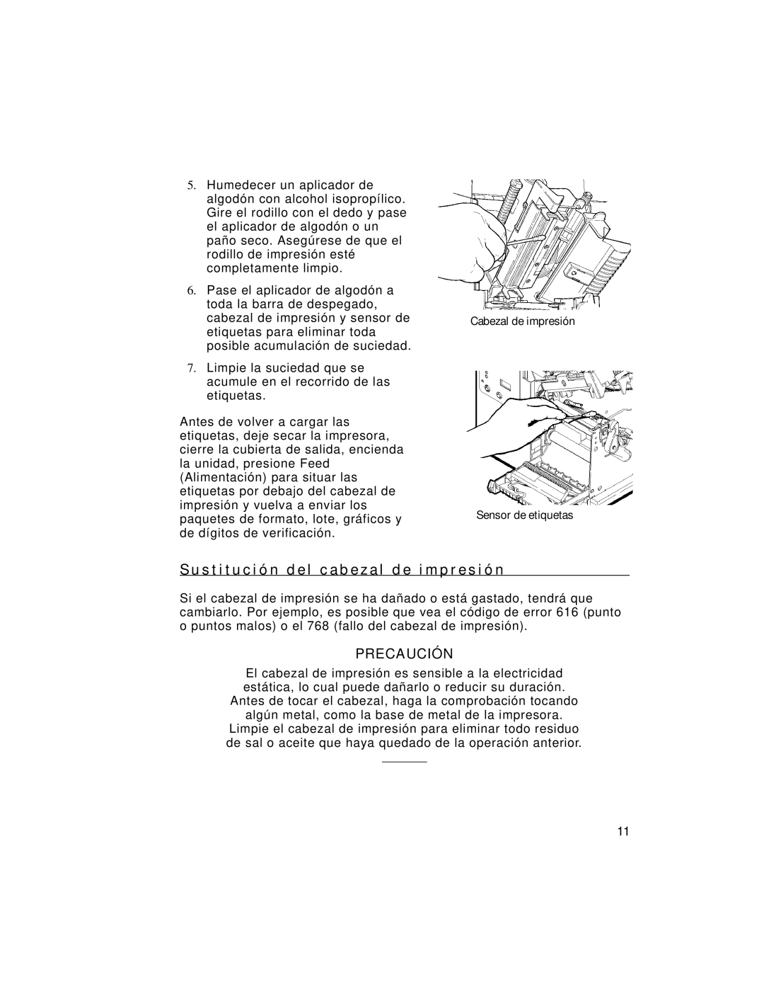 Paxar 9805 manual S t i t u c i ó n d e l c a b e z a l d e i m p r e s i ó n, Cabezal de impresión Sensor de etiquetas 