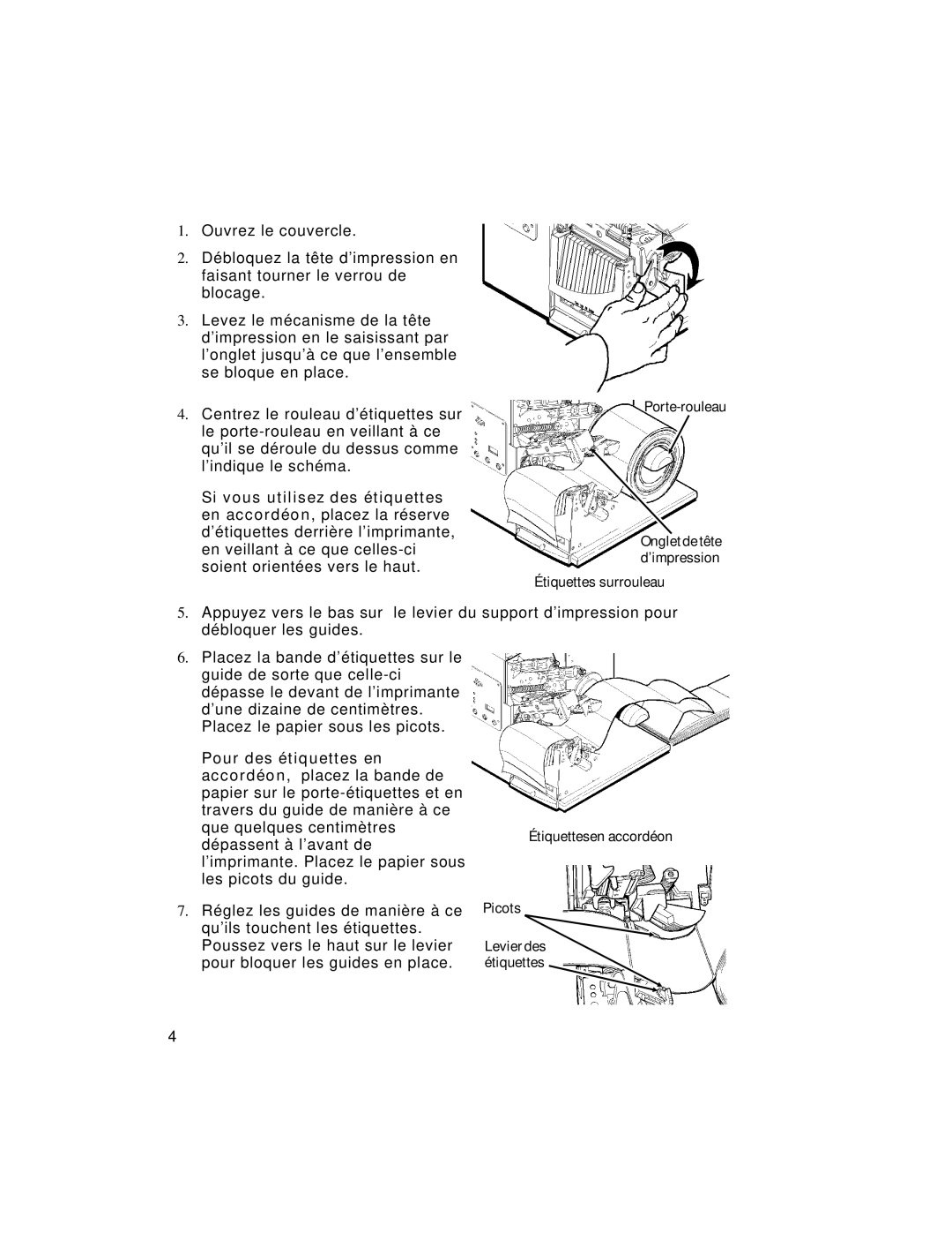 Paxar 9805 manual Si vous utilisez des étiquettes, Porte-rouleau Onglet de tête, Étiquettes surrouleau, Picots 