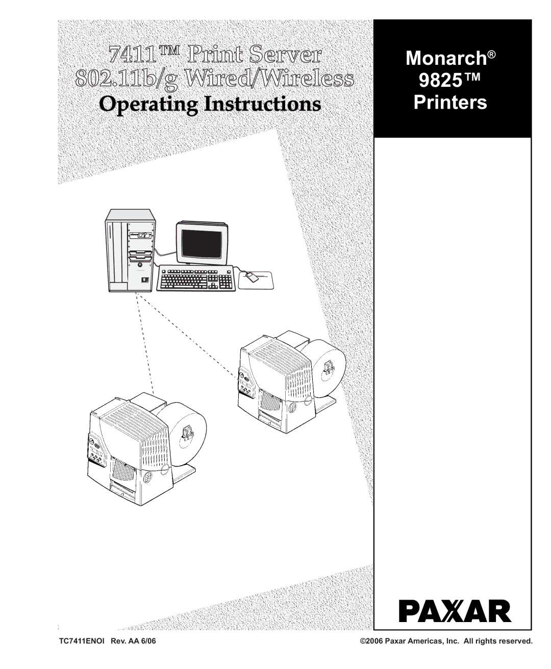 Paxar 9825 operating instructions Print Server 802.11b/g Wired/Wireless 