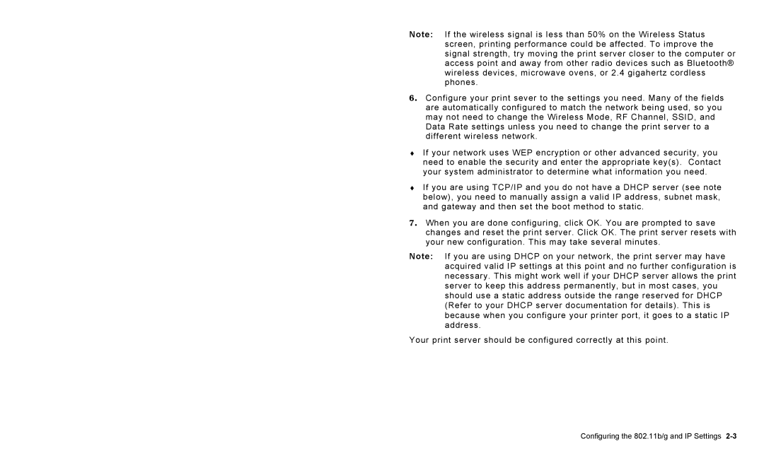 Paxar 9825 operating instructions Configuring the 802.11b/g and IP Settings 