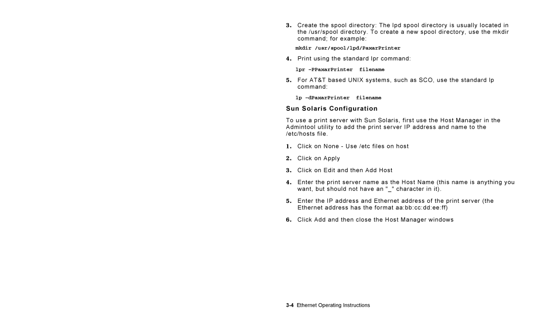 Paxar 9825 operating instructions Sun Solaris Configuration 