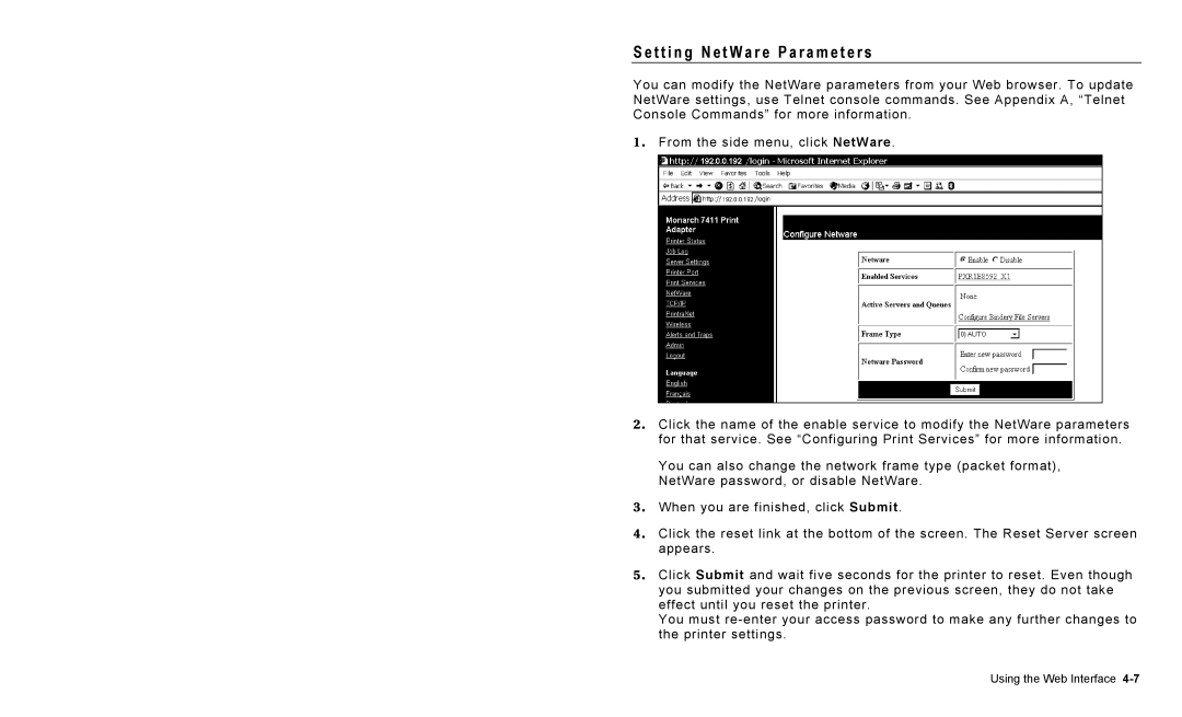 Paxar 9825 operating instructions T t i n g N e t W a r e P a r a m e t e r s 