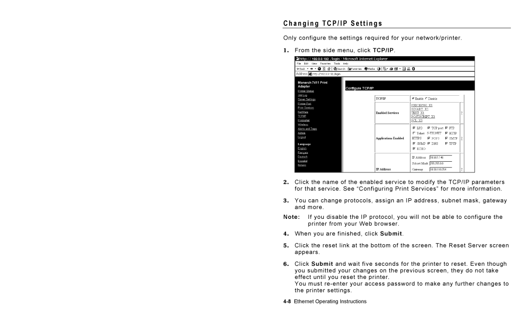 Paxar 9825 operating instructions A n g i n g T C P / I P S e t t i n g s 