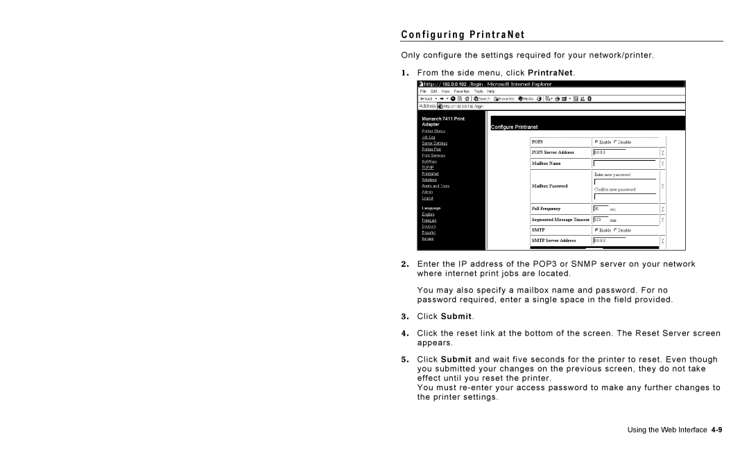 Paxar 9825 operating instructions N f i g u r i n g P r i n t r a N e t 