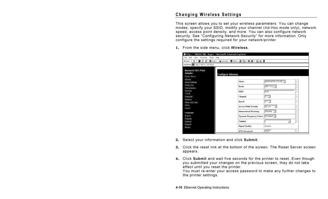 Paxar 9825 operating instructions A n g i n g W i r e l e s s S e t t i n g s 