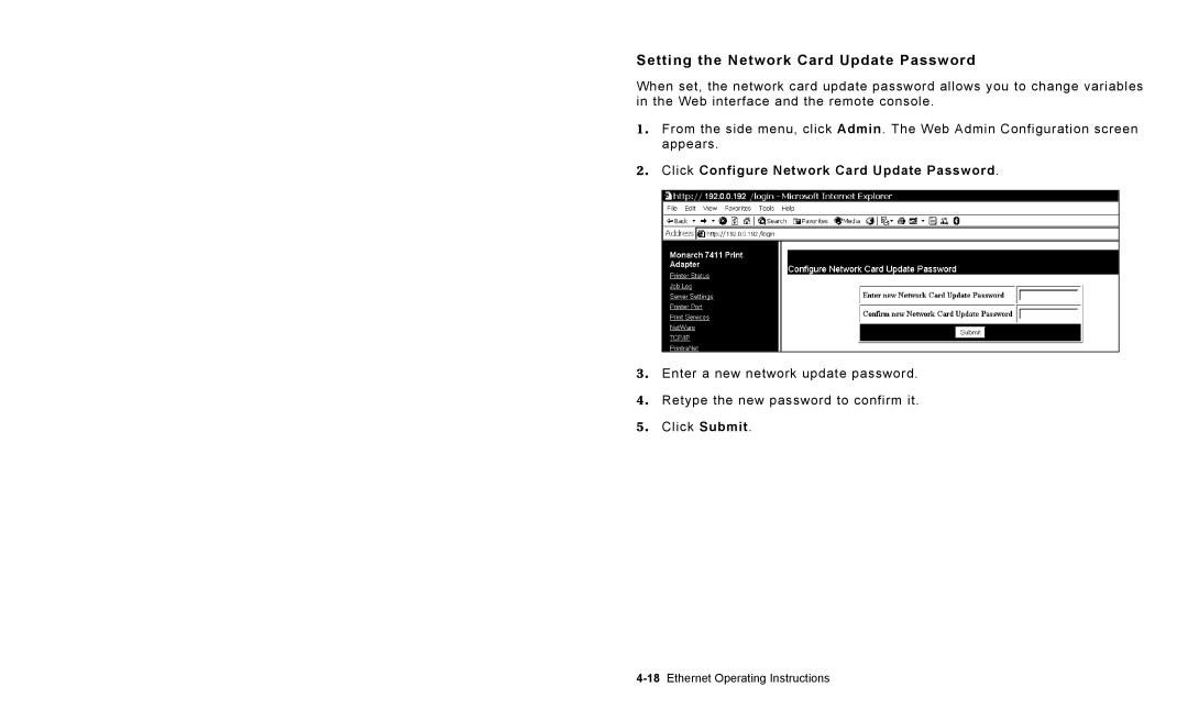 Paxar 9825 operating instructions Setting the Network Card Update Password, Click Configure Network Card Update Password 