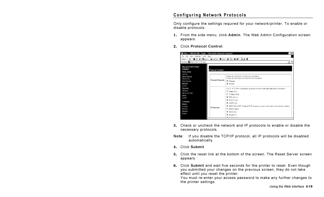 Paxar 9825 operating instructions N f i g u r i n g N e t w o r k P r o t o c o l s, Click Protocol Control 