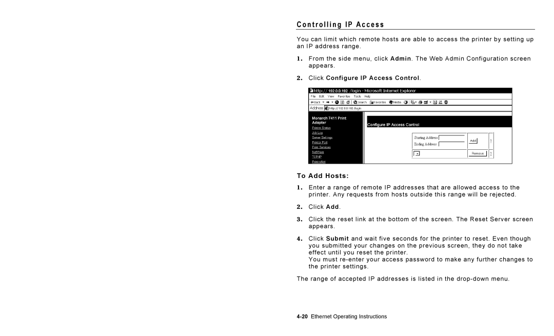 Paxar 9825 operating instructions N t r o l l i n g I P a c c e s s, To Add Hosts 