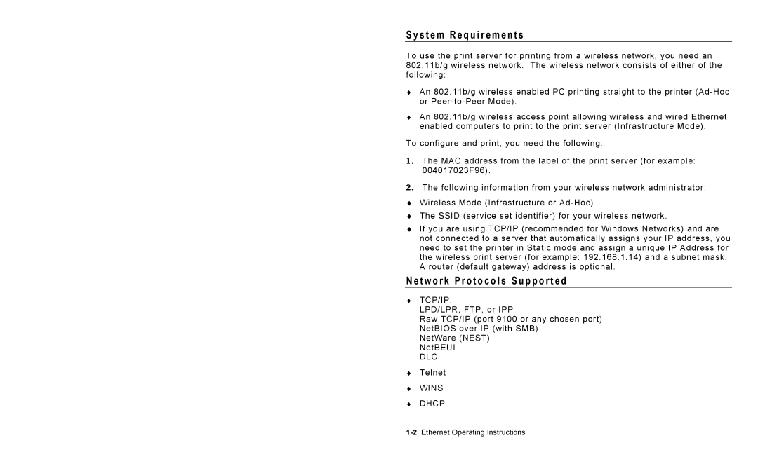 Paxar 9825 operating instructions S t e m R e q u i r e m e n t s, T w o r k P r o t o c o l s S u p p o r t e d 