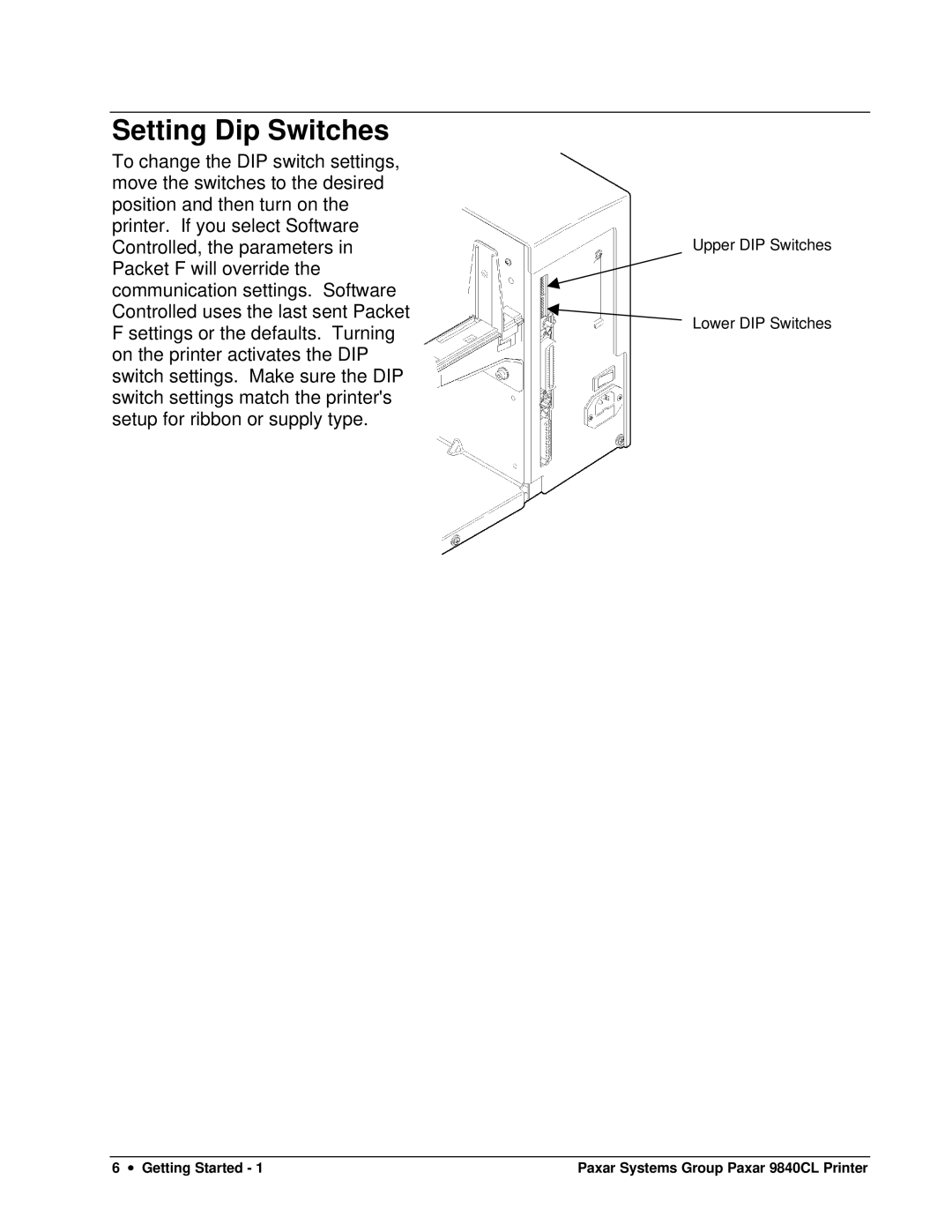 Paxar 9840CL user manual Setting Dip Switches 