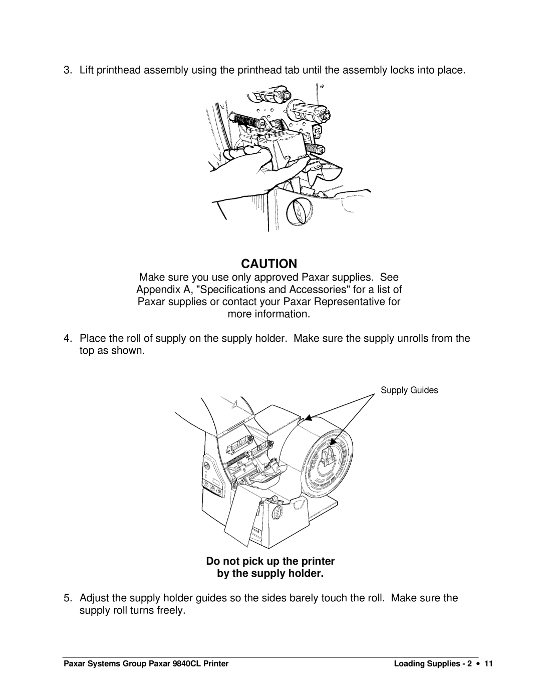 Paxar 9840CL user manual Do not pick up the printer By the supply holder 