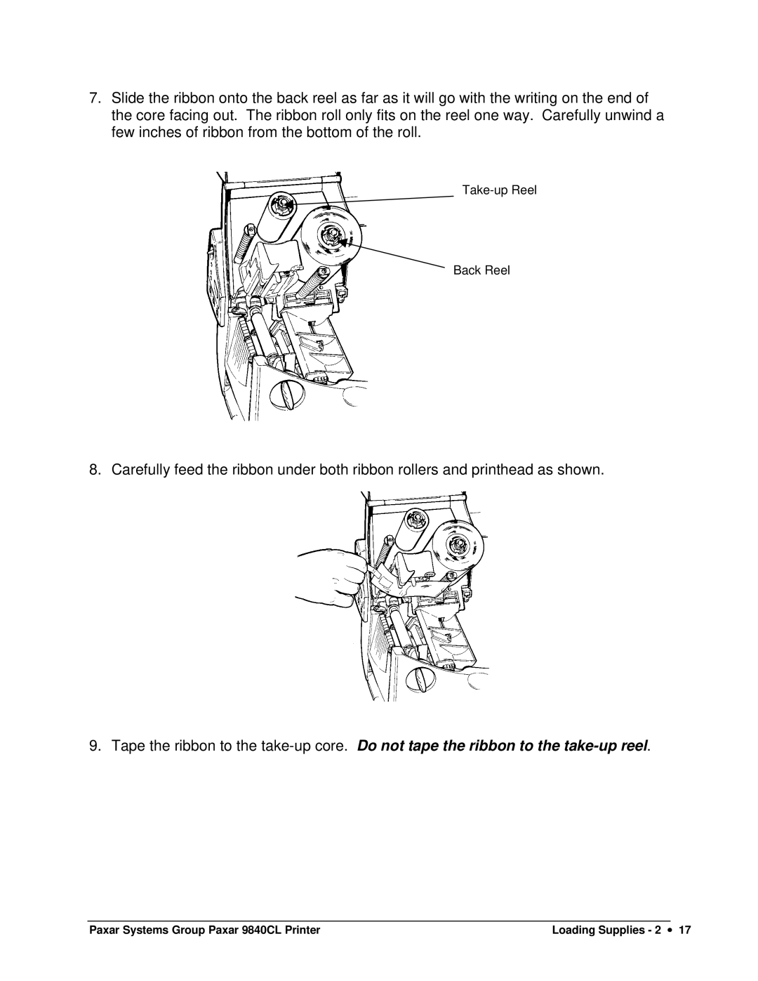 Paxar 9840CL user manual Take-up Reel Back Reel 