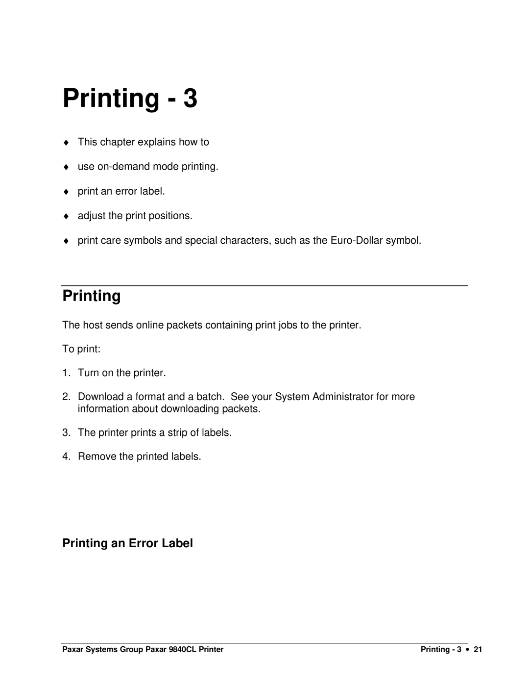 Paxar 9840CL user manual Printing an Error Label 