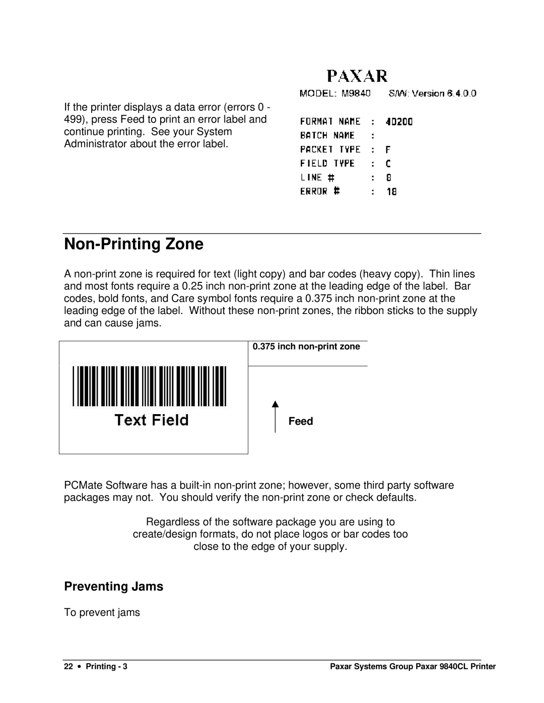 Paxar 9840CL user manual Non-Printing Zone, Preventing Jams 