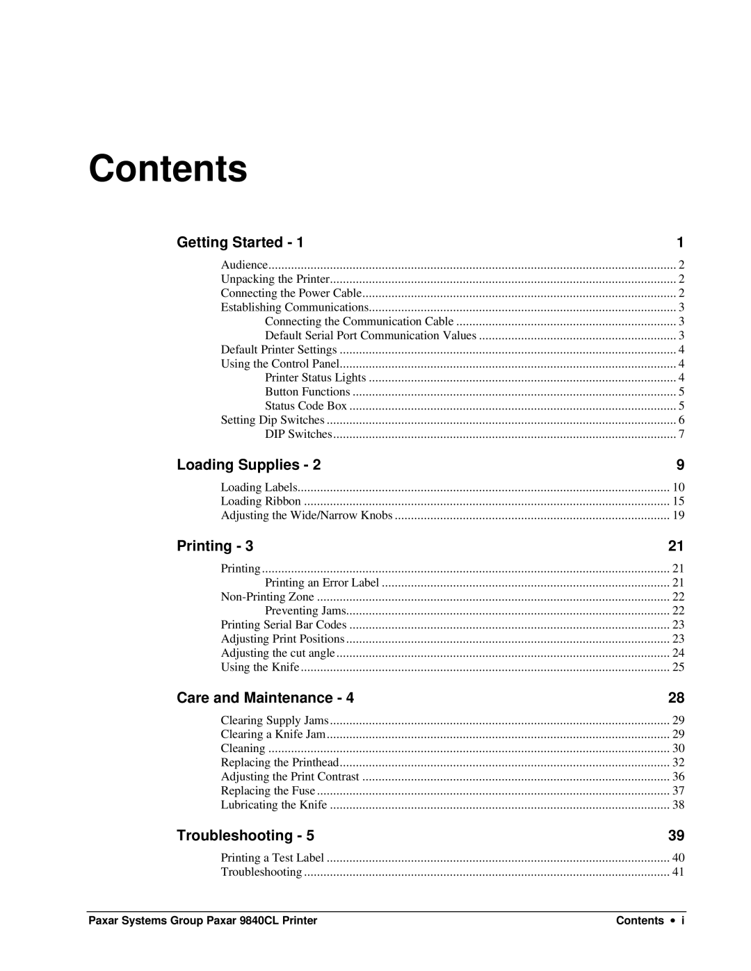 Paxar 9840CL user manual Contents 