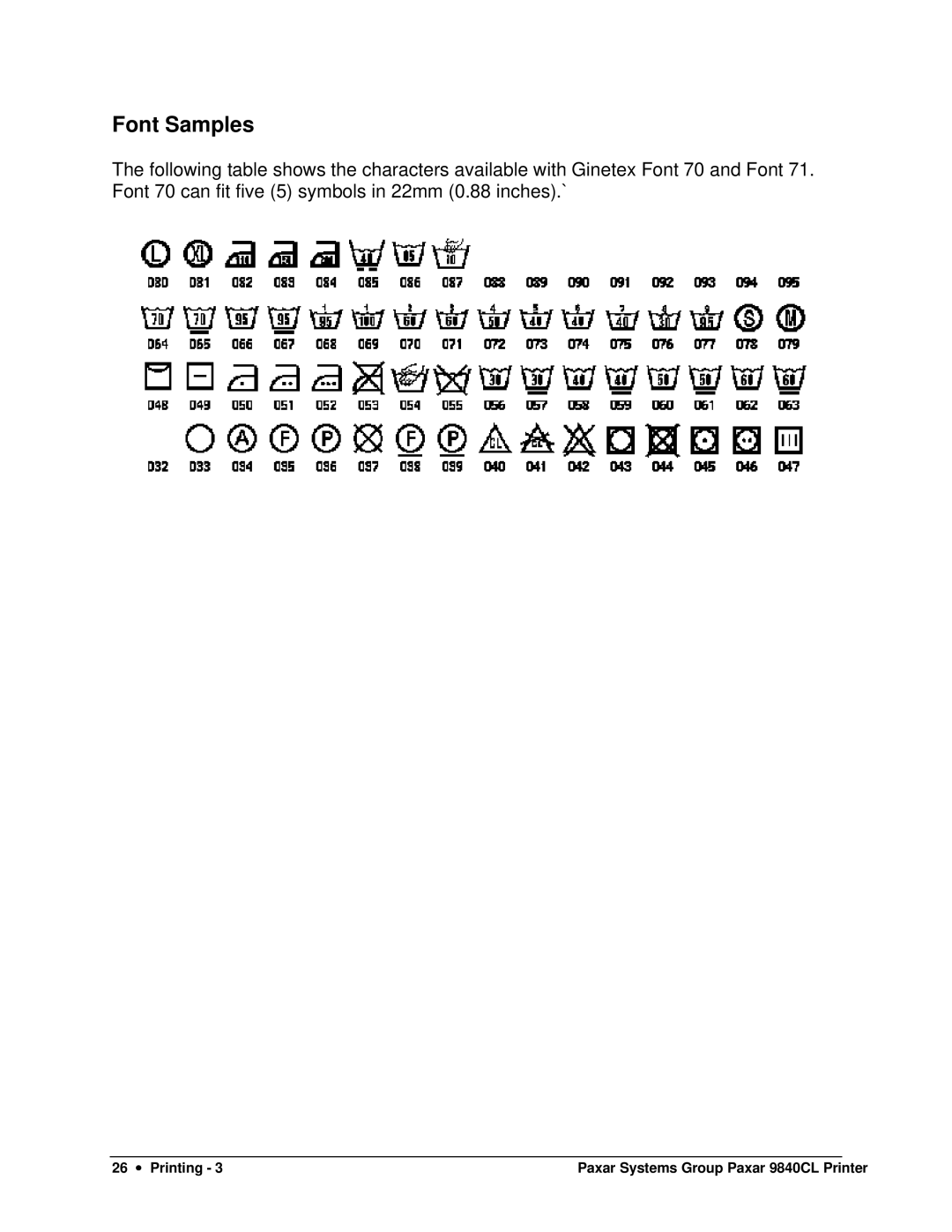 Paxar 9840CL user manual Font Samples 