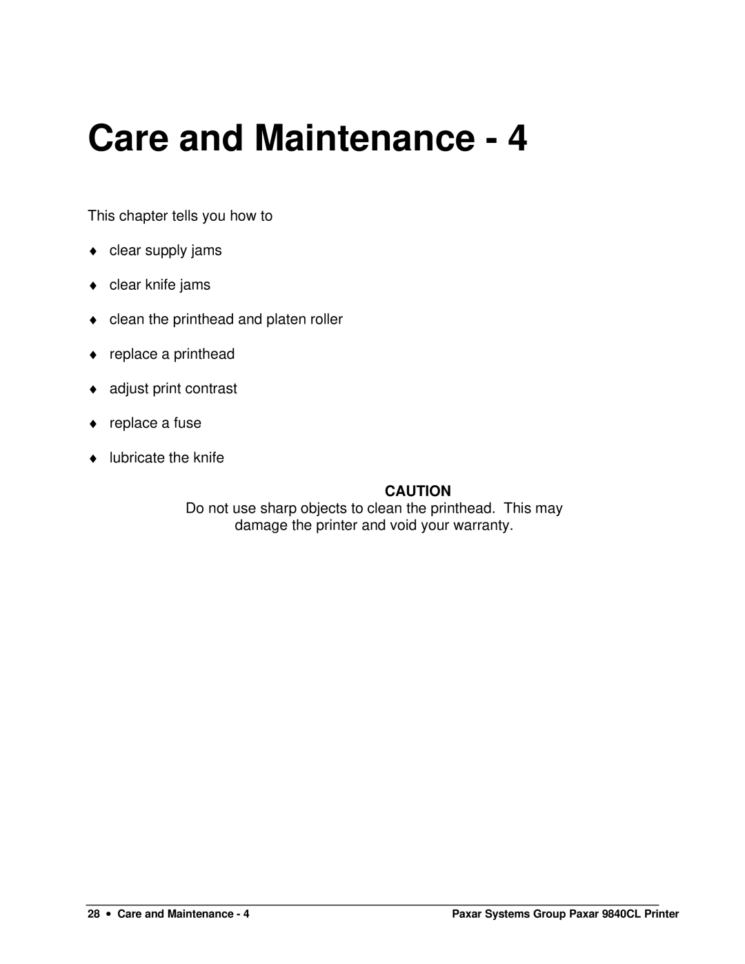 Paxar 9840CL user manual Care and Maintenance 