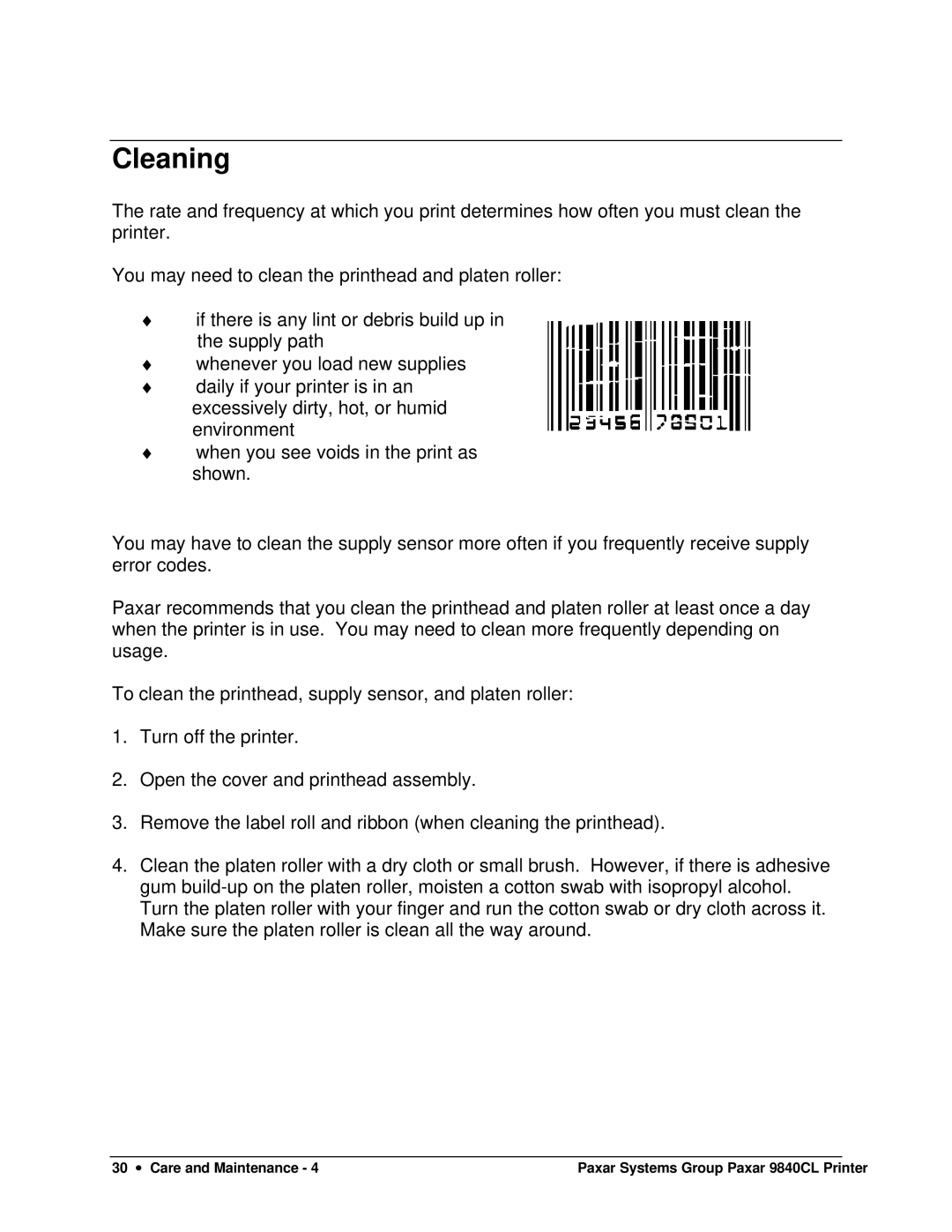 Paxar 9840CL user manual Cleaning 