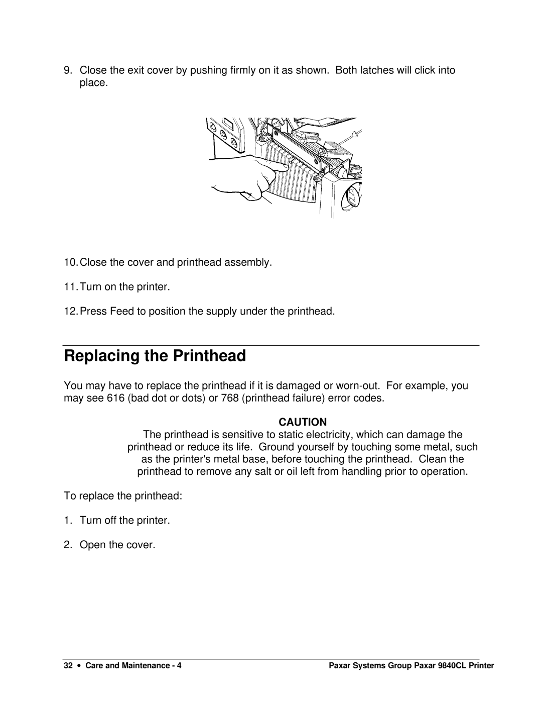 Paxar 9840CL user manual Replacing the Printhead 