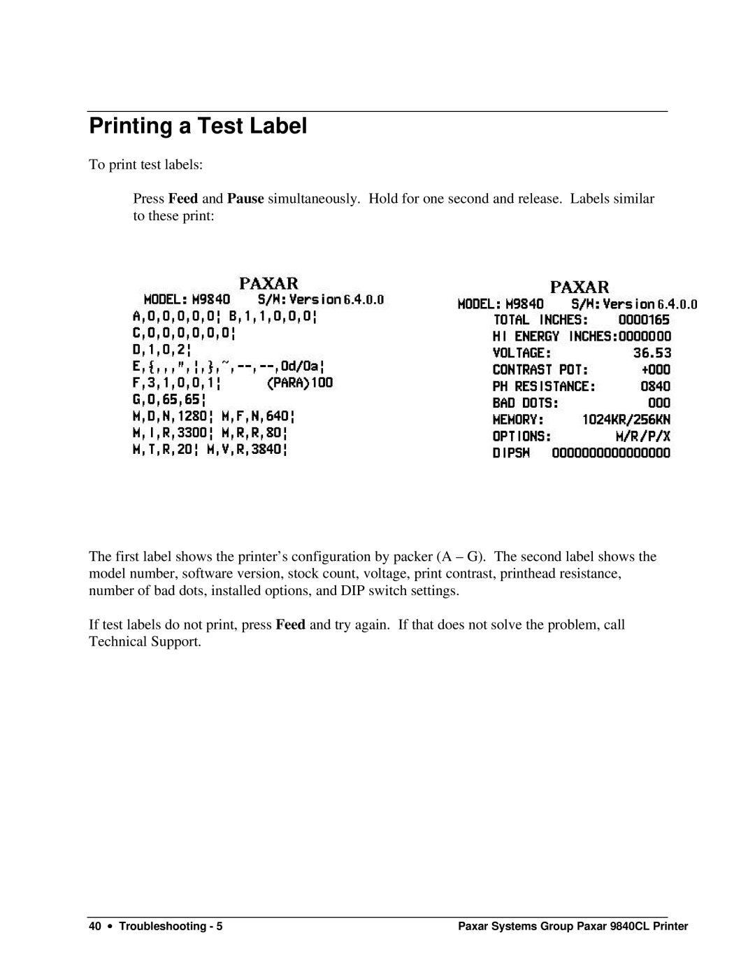 Paxar 9840CL user manual Printing a Test Label 