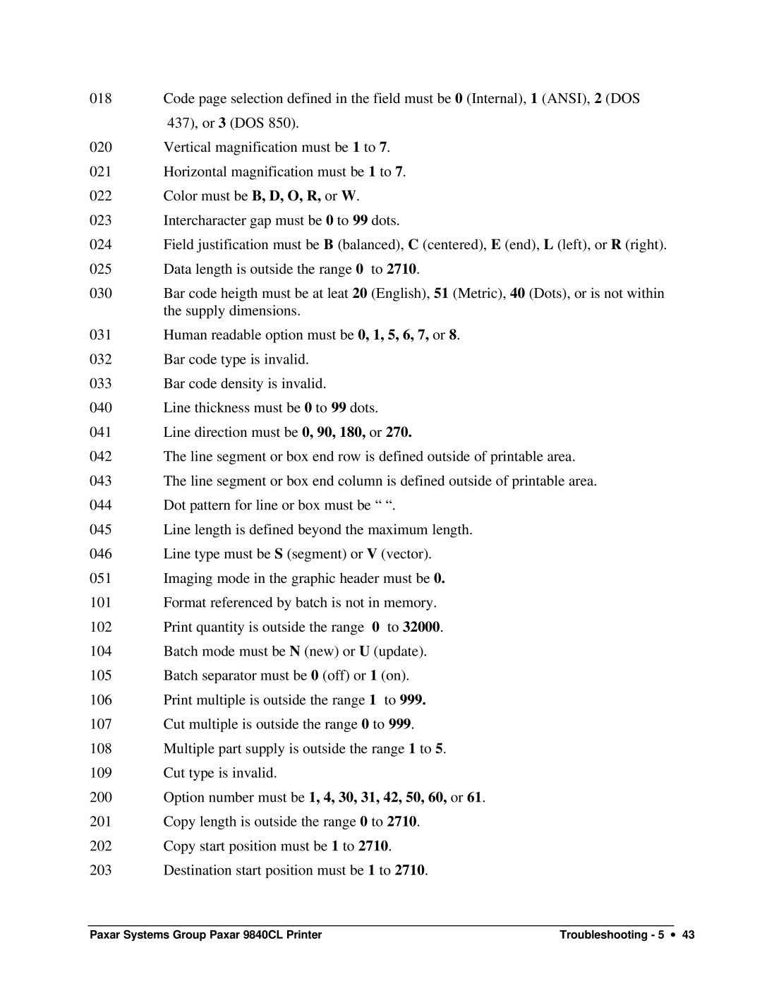 Paxar 9840CL user manual Option number must be 1, 4, 30, 31, 42, 50, 60, or 