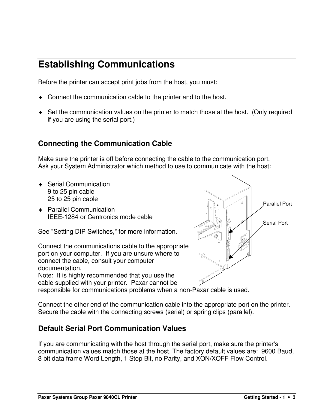 Paxar 9840CL Establishing Communications, Connecting the Communication Cable, Default Serial Port Communication Values 