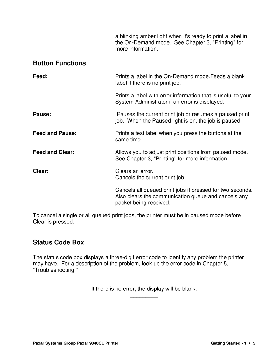 Paxar 9840CL user manual Button Functions, Status Code Box 