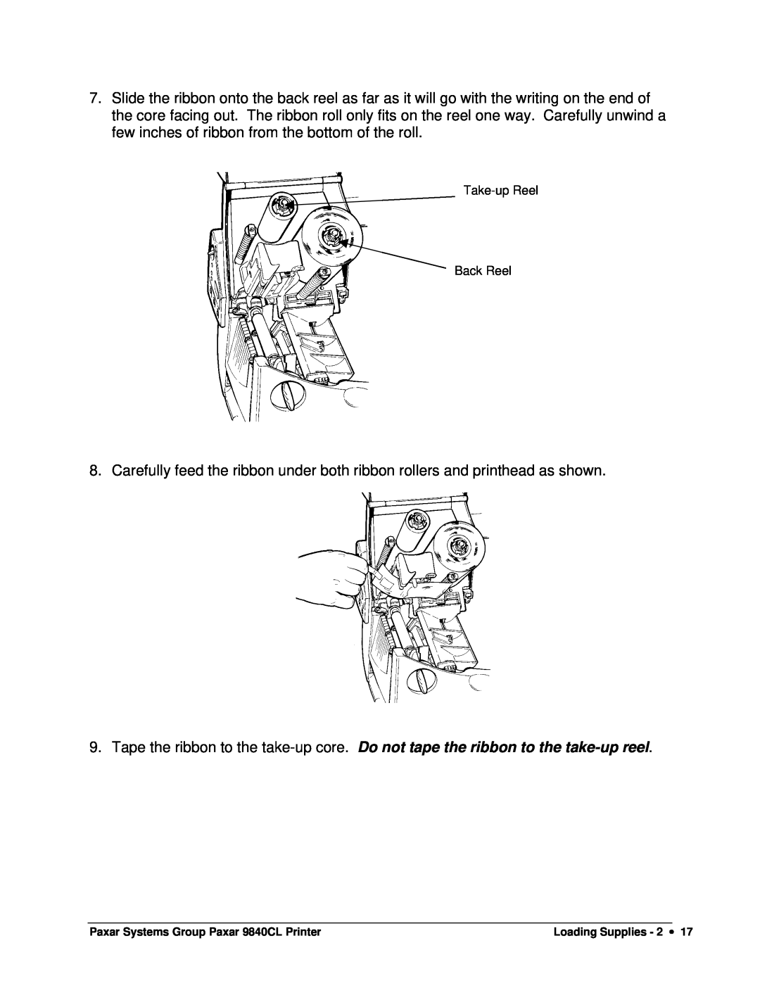 Paxar 9840CL user manual Take-up Reel Back Reel 
