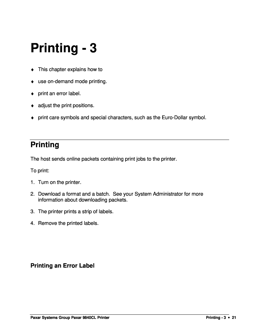 Paxar 9840CL user manual Printing an Error Label 