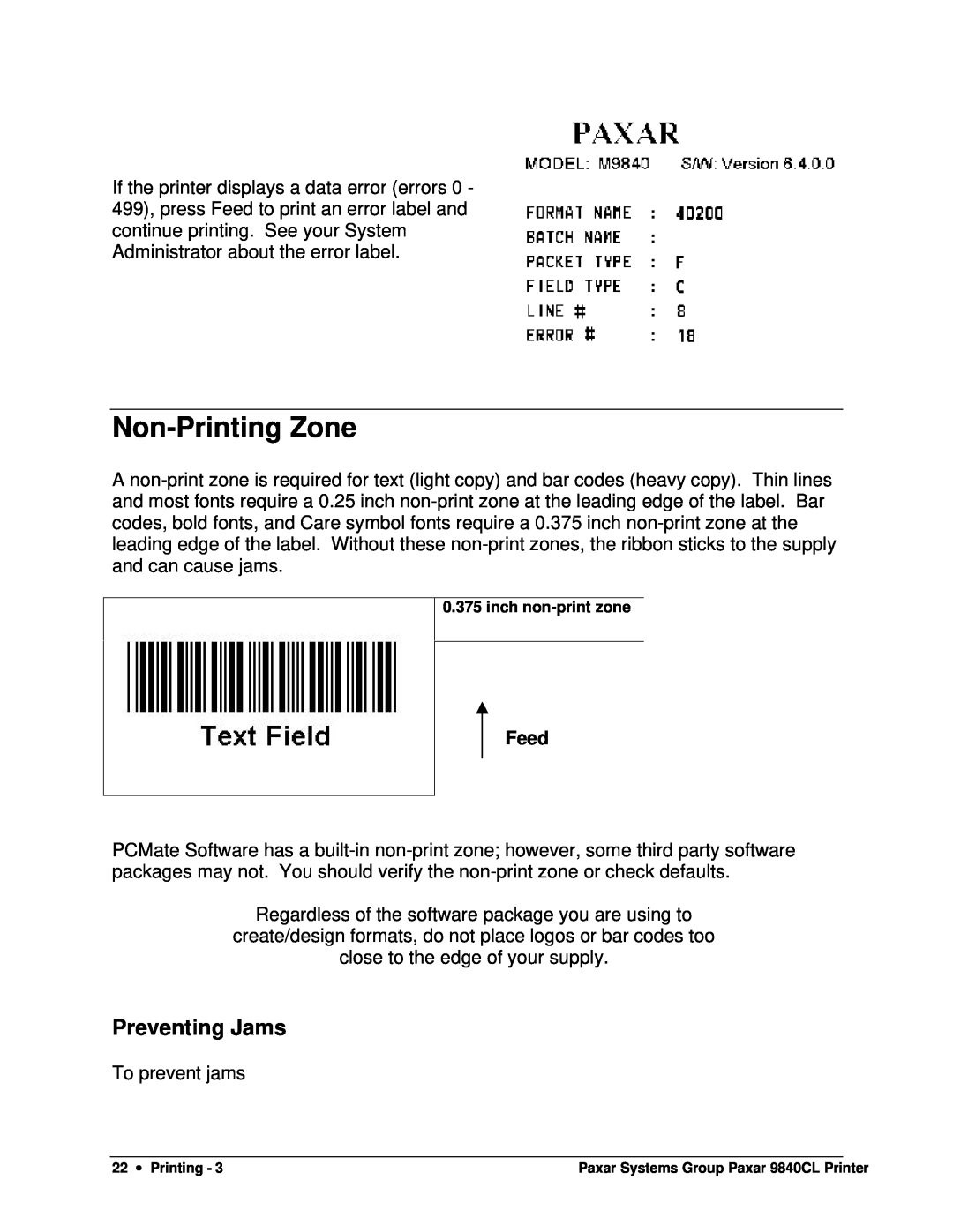 Paxar 9840CL user manual Non-Printing Zone, Preventing Jams, Feed 