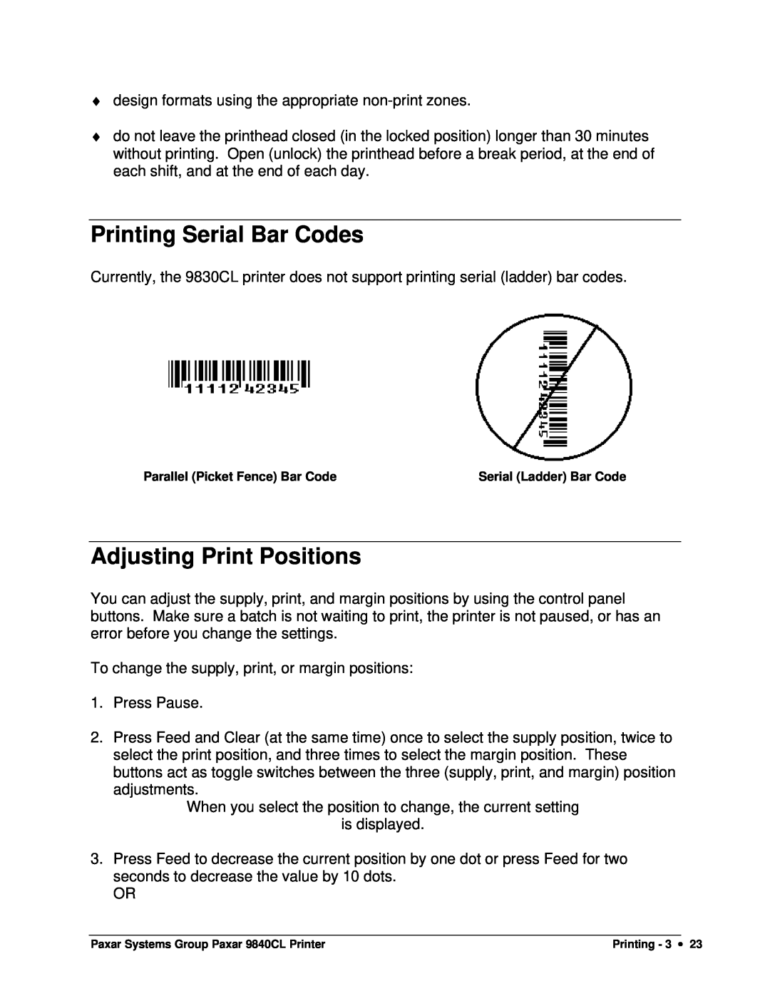 Paxar 9840CL user manual Printing Serial Bar Codes, Adjusting Print Positions 
