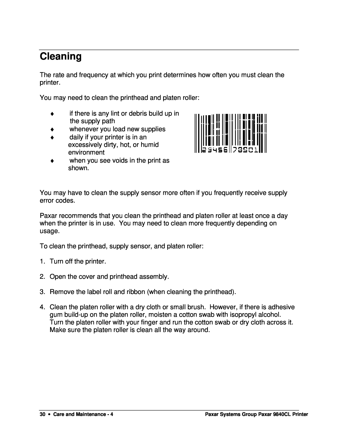 Paxar 9840CL user manual Cleaning 