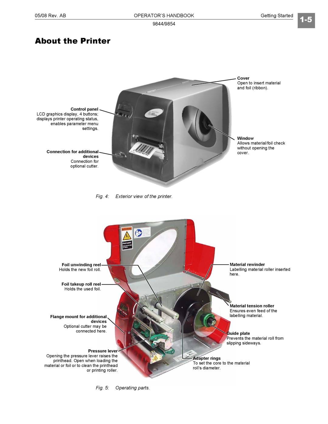 Paxar 9854, 9844 manual About the Printer, Exterior view of the printer 