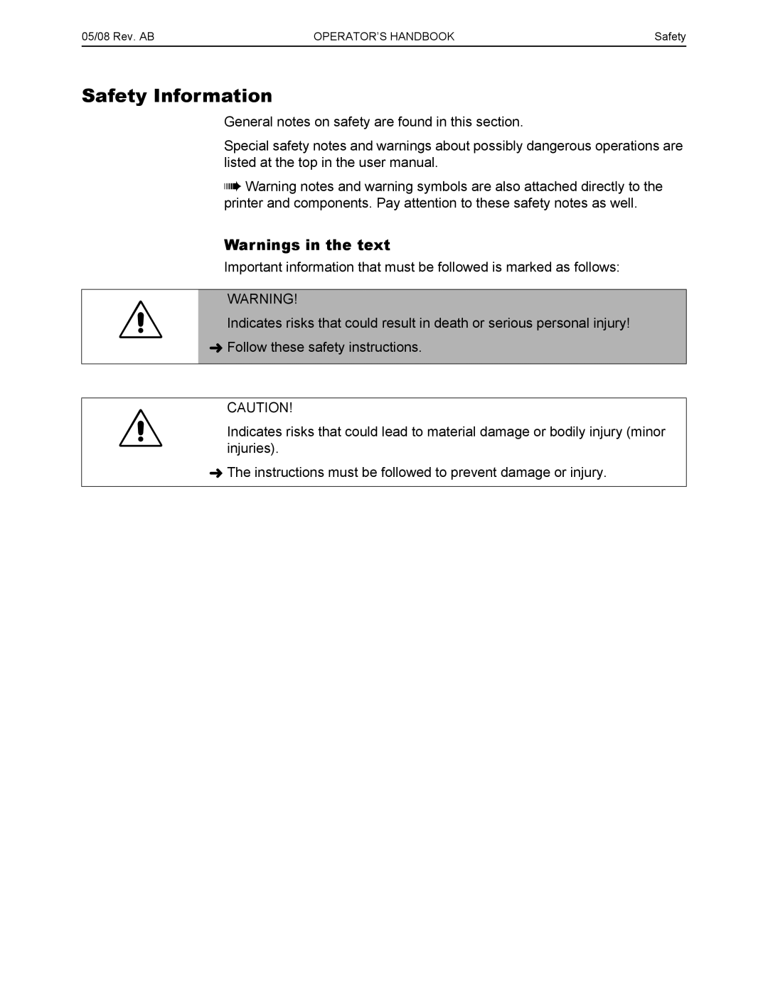 Paxar 9854, 9844 manual Safety Information 