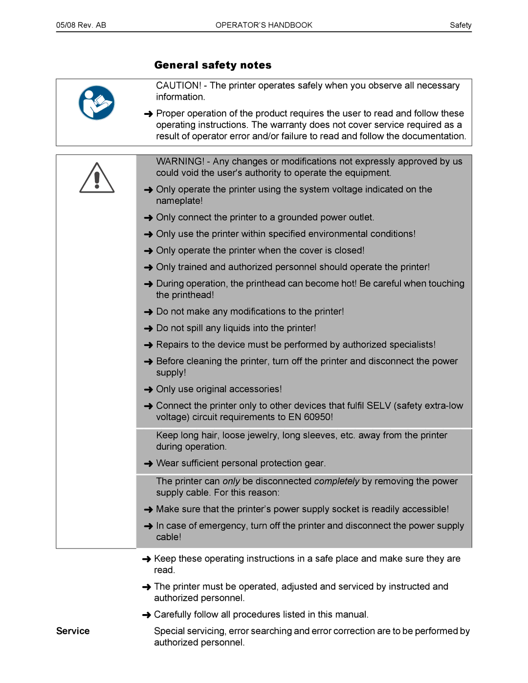 Paxar 9844, 9854 manual General safety notes, Service 