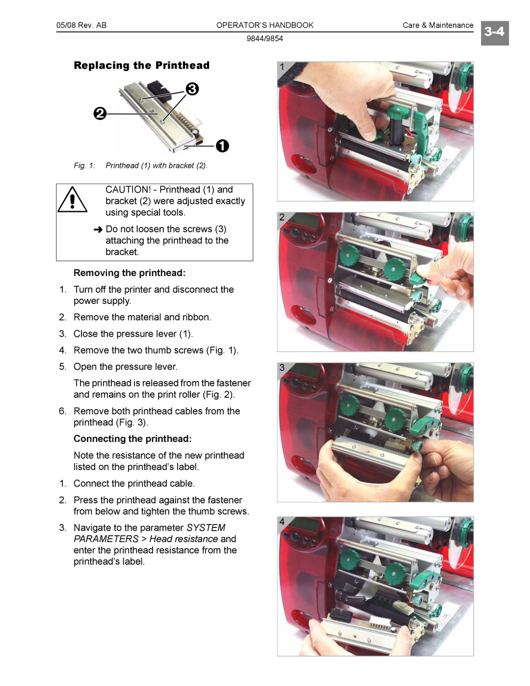 Paxar 9844, 9854 manual Replacing the Printhead, Removing the printhead, Connecting the printhead 