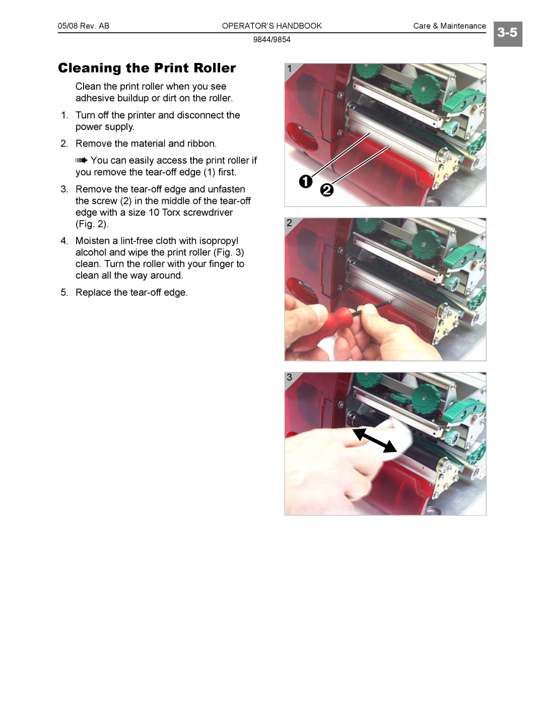 Paxar 9854, 9844 manual ™ š, Cleaning the Print Roller 