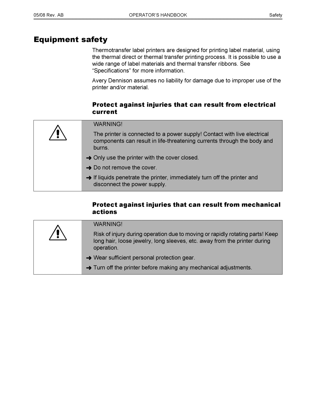 Paxar 9854, 9844 manual Equipment safety 