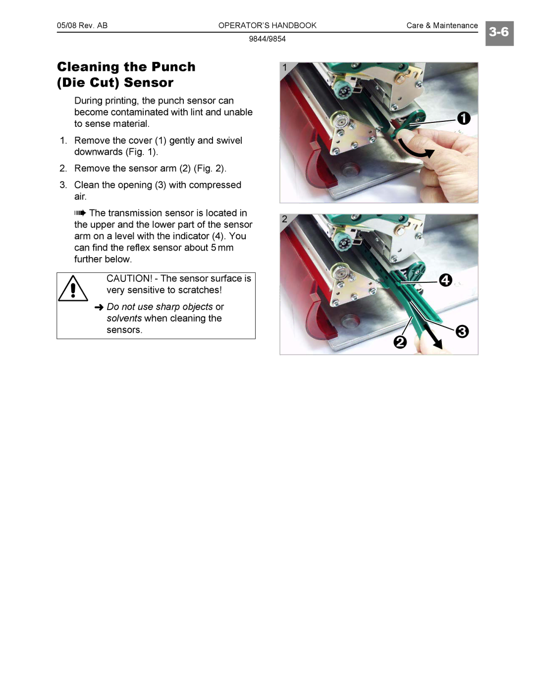 Paxar 9844, 9854 manual Cleaning the Punch Die Cut Sensor 