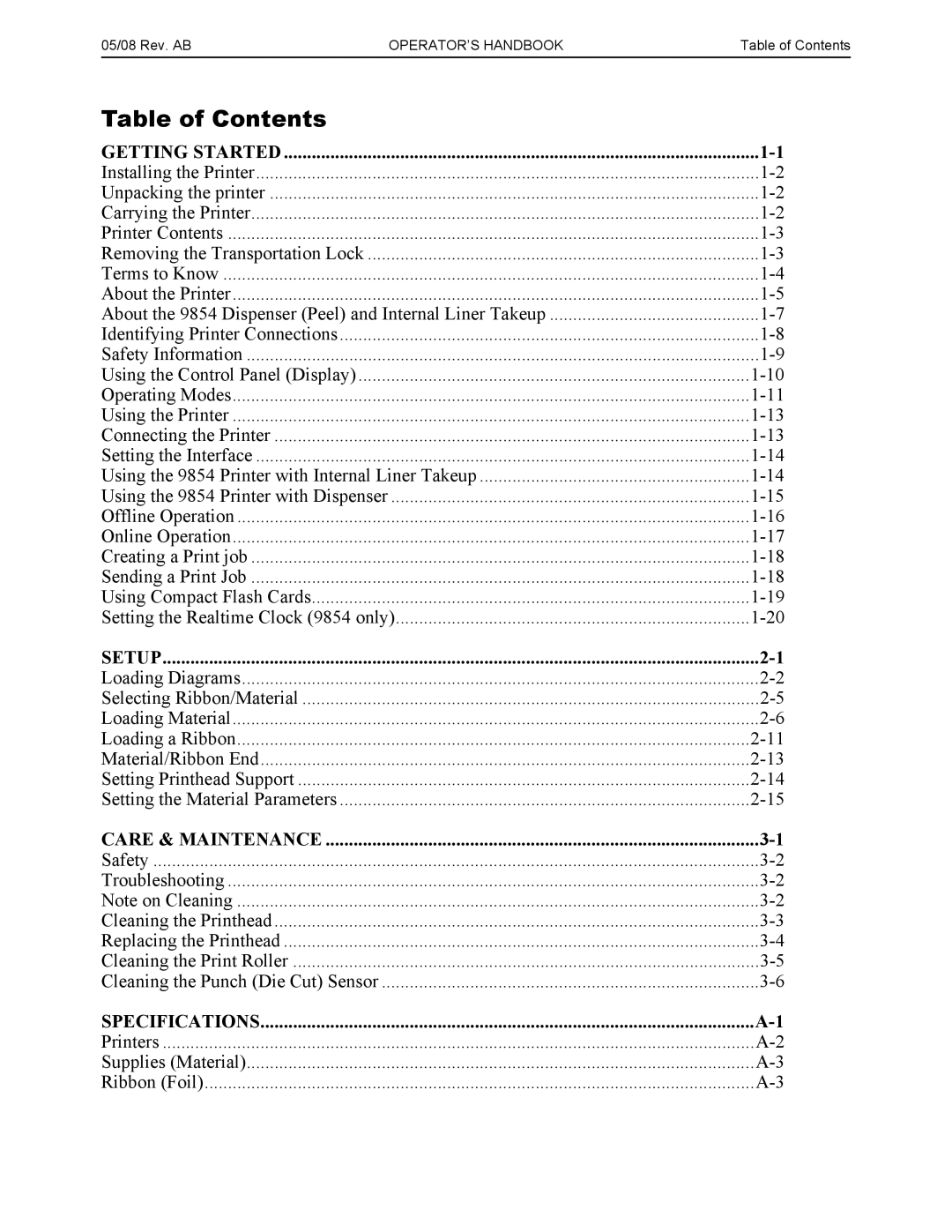 Paxar 9844, 9854 manual Table of Contents 