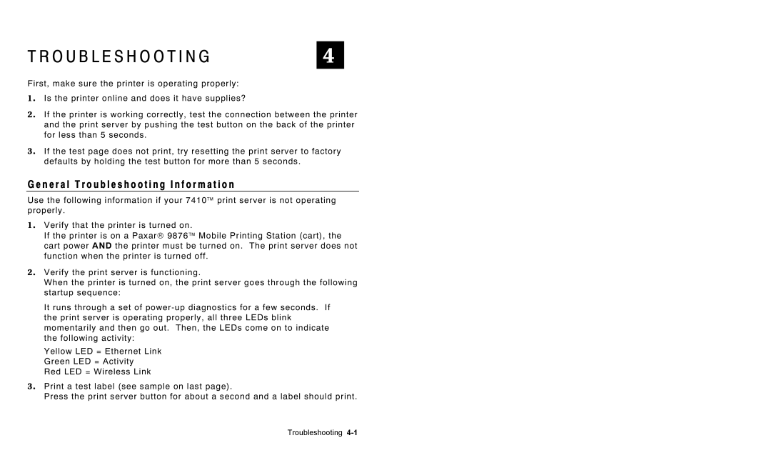 Paxar 7410, 9850 manual N e r a l Troubleshooting I n f o r m a t i o n 