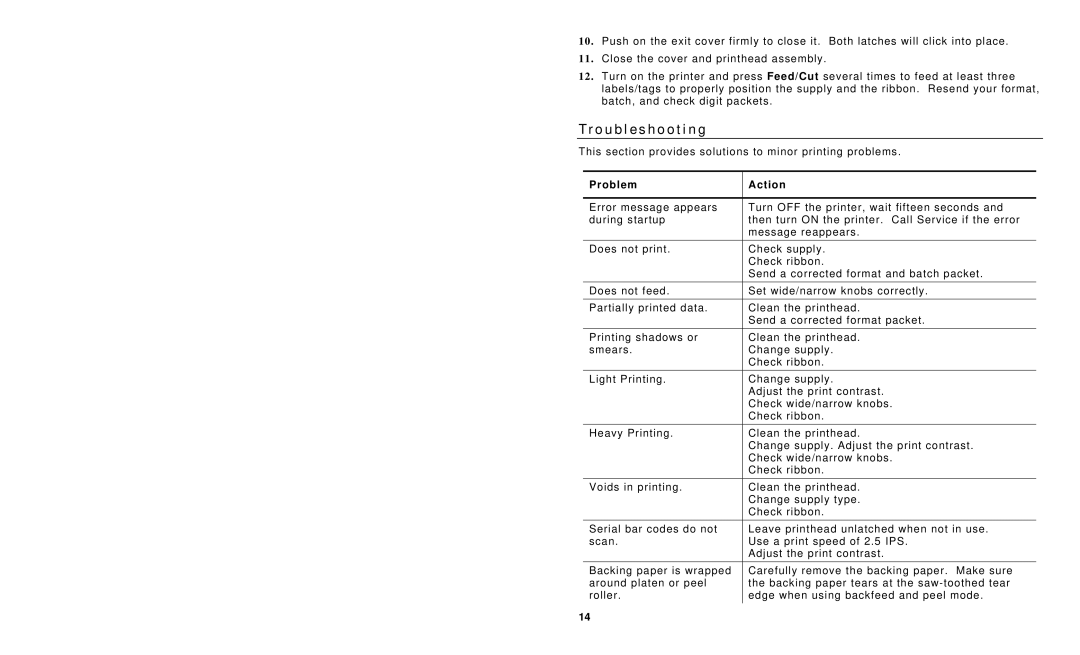 Paxar 9855 RFID manual Troubleshooting, Problem Action 