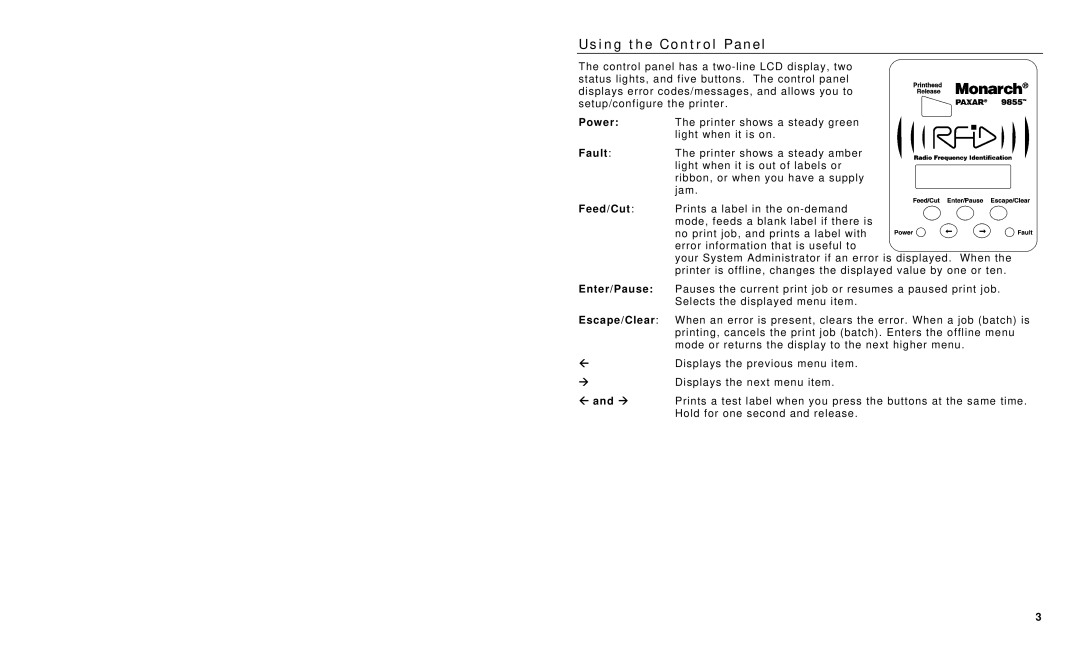 Paxar 9855 RFID manual I n g t h e C o n t r o l P a n e l, Power, Fault, Feed/Cut, Enter/Pause 