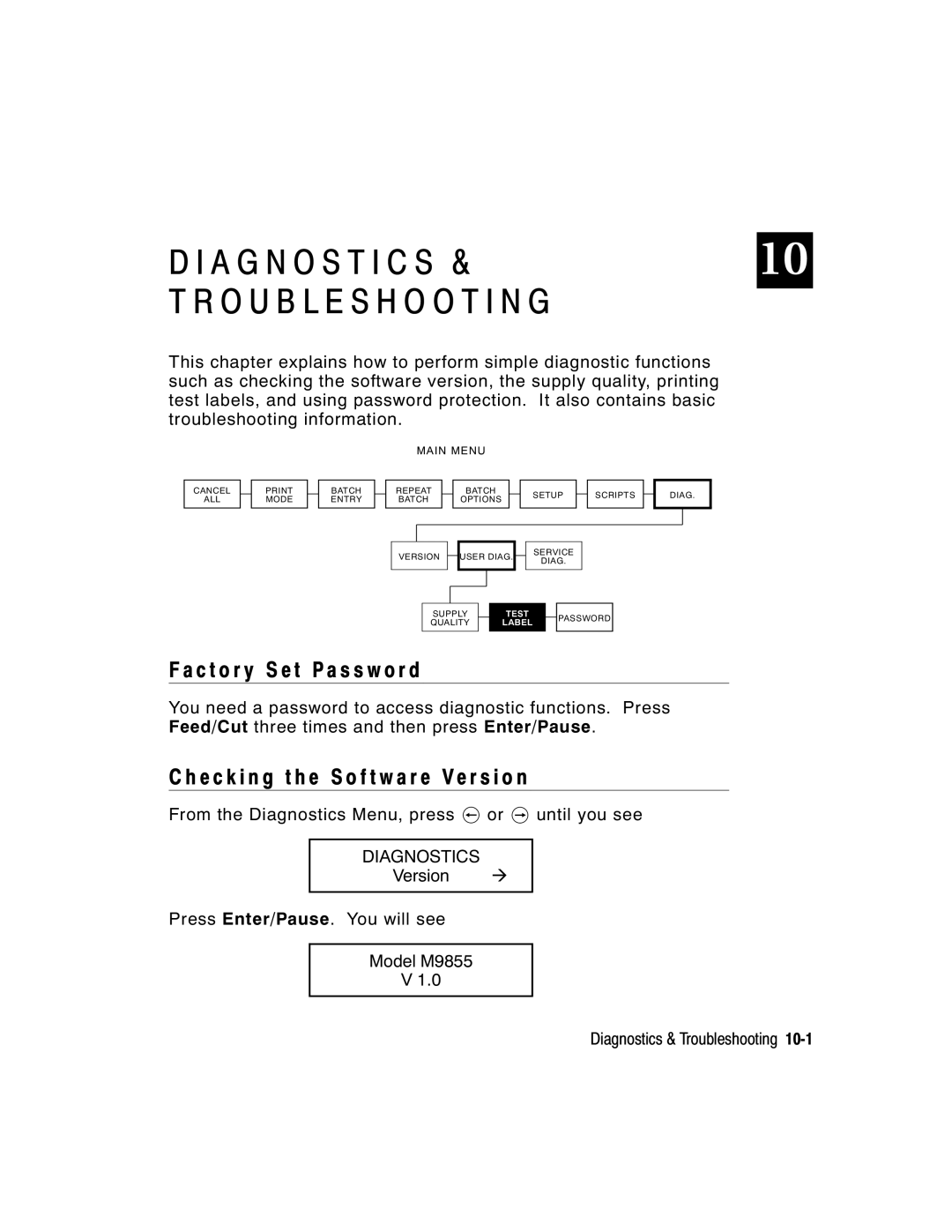 Paxar 9855 Troubleshooting, C t o r y S e t P a s s w o r d, E c k i n g t h e S o f t w a r e Ve r s i o n, Diagnostics 