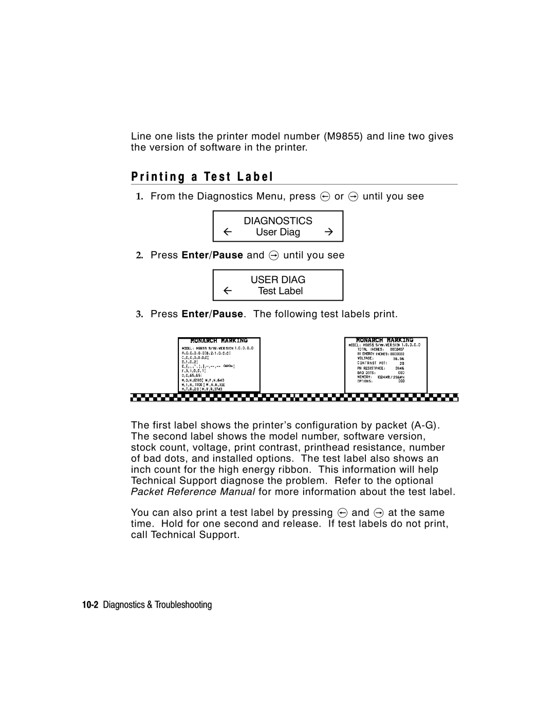 Paxar 9855 manual I n t i n g a Te s t L a b e l, User Diag 