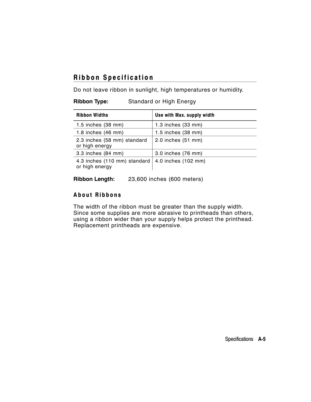 Paxar 9855 manual B b o n Specification, O u t R i b b o n s, Ribbon Type, Ribbon Length 